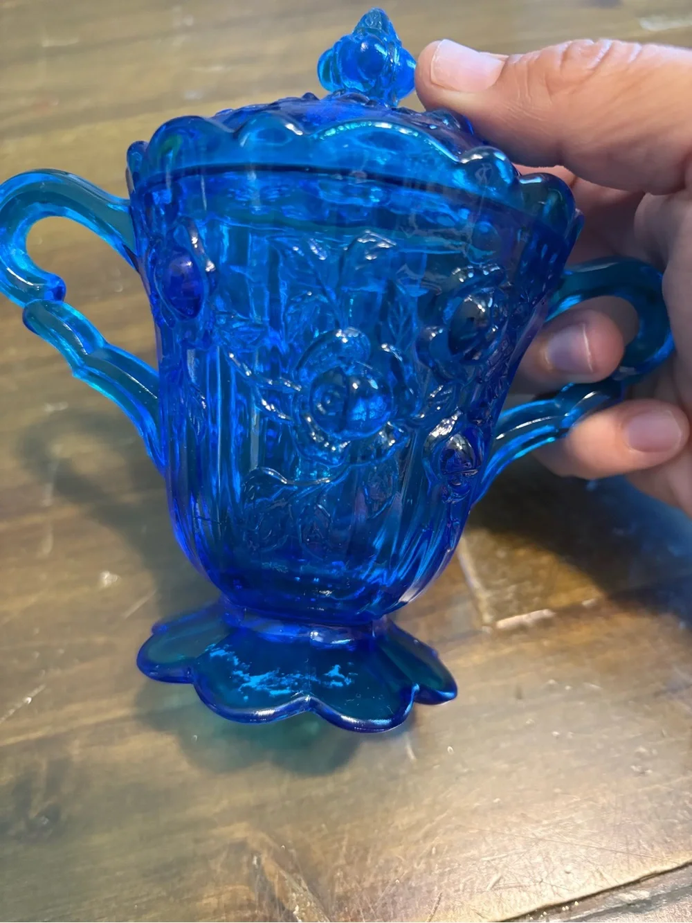 Vintage Fenton Cobalt Blue Cabbage Rose Set Creamer & Sugar Bowl With Lid